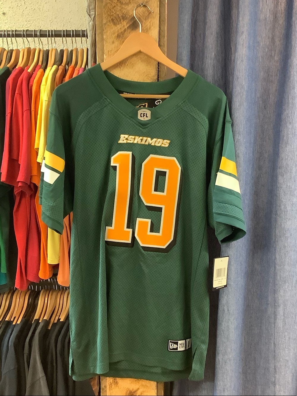 Eskimos New Era Green and Gold #19 Football Shaggy Jersey